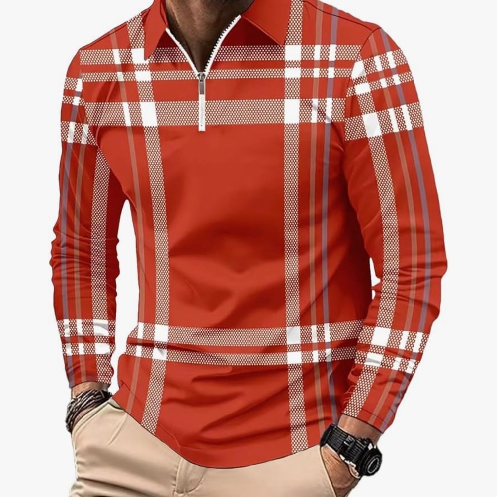 Men's  Orange/ Red Large  Long sleeve Polo Shirt slim‎ fit collard shirt